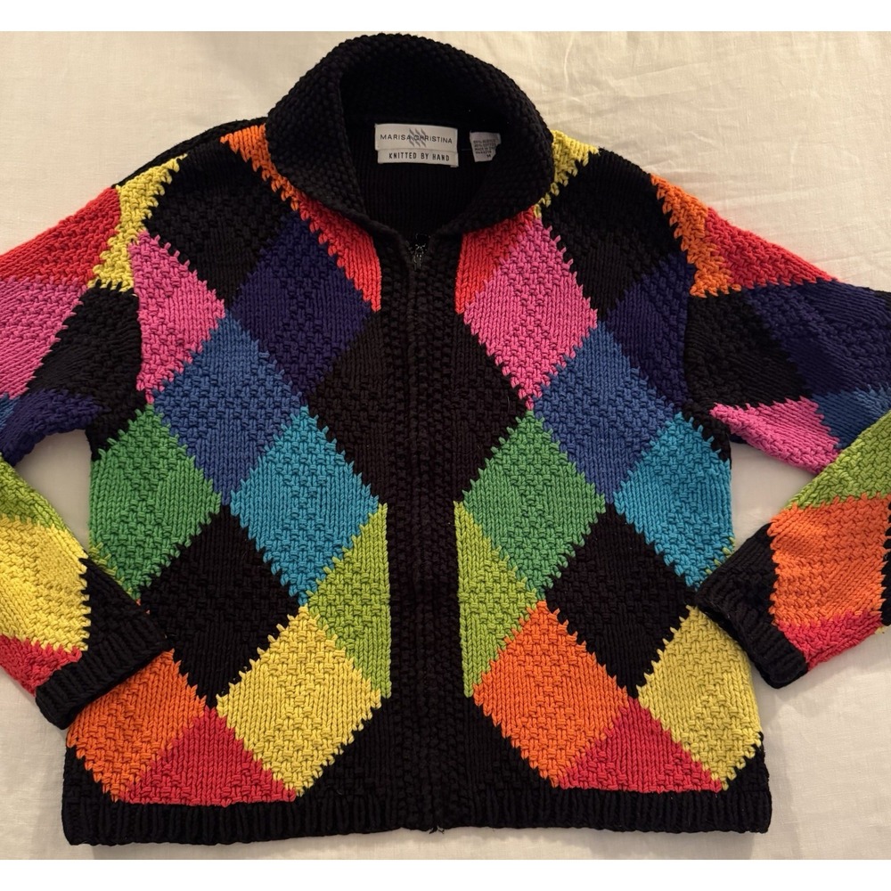Vintage Marisa Christina Hand Knit Cardigan Sweater M Colorful Argyle Zip